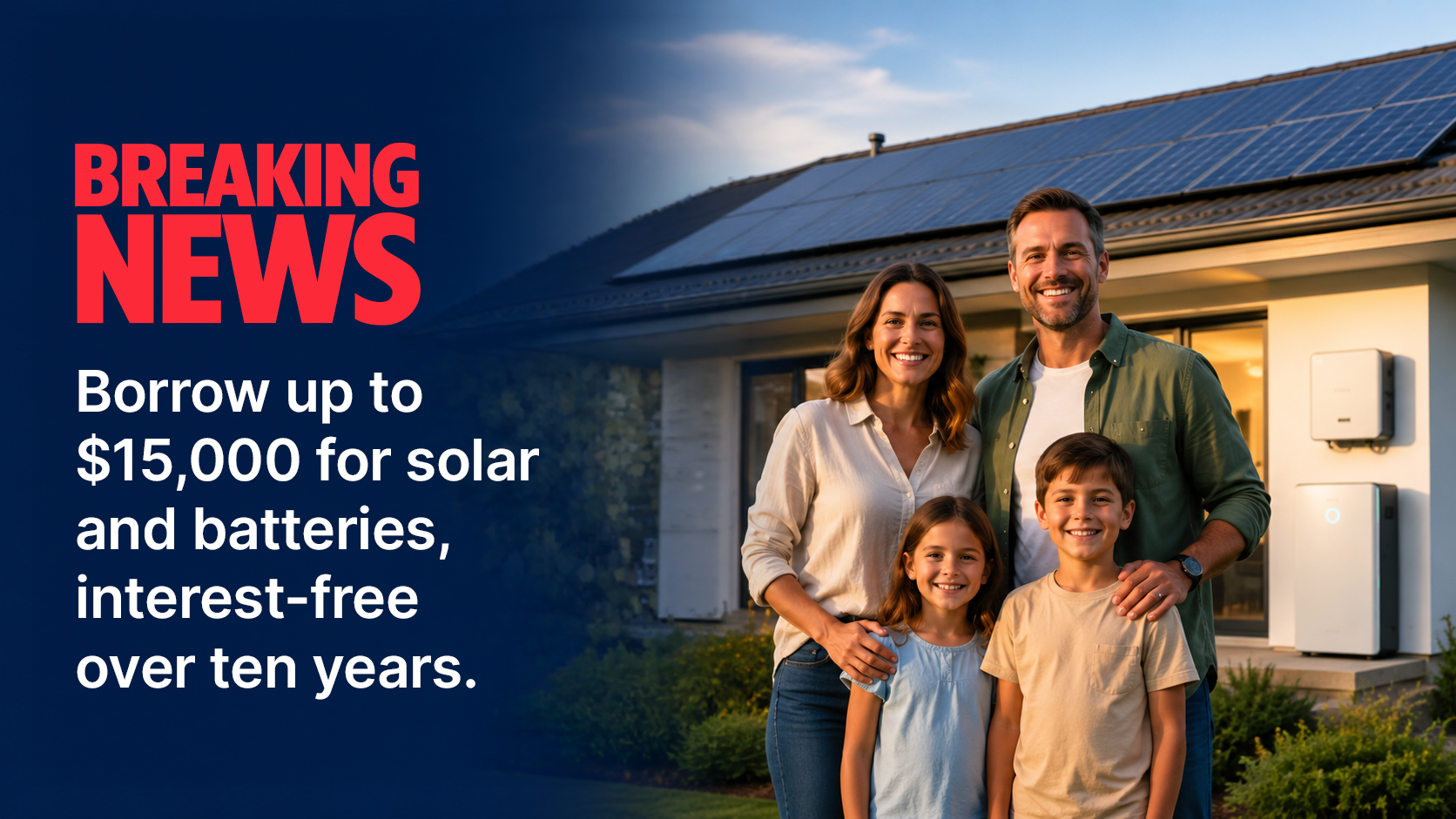 Aussie Solar Batteries Facebook ad: $15,000 Interest-Free for Solar + Batteries