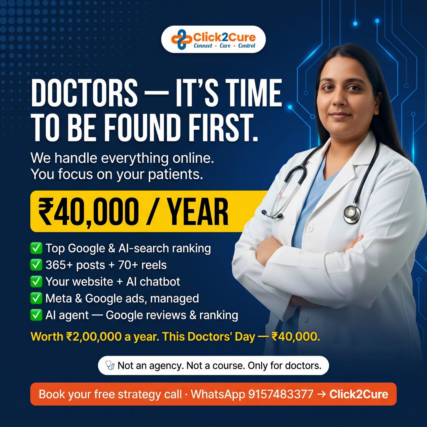 Click2Cure Facebook ad: Doctors' Day Special, ₹40,000/year (Worth ₹2,00,000)