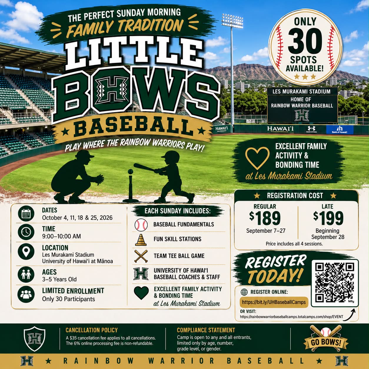 Hawaii Baseball Camps Facebook ad: Little Bows Baseball, Ages 3-5 TeeBall at the Les!