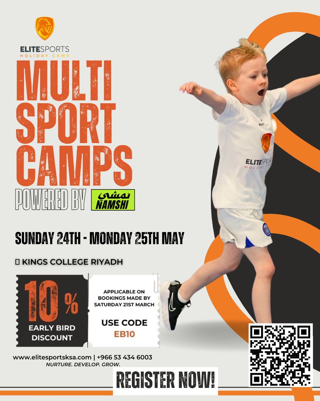 Elite Sports Academy KSA Facebook ad: May holiday camps are here!