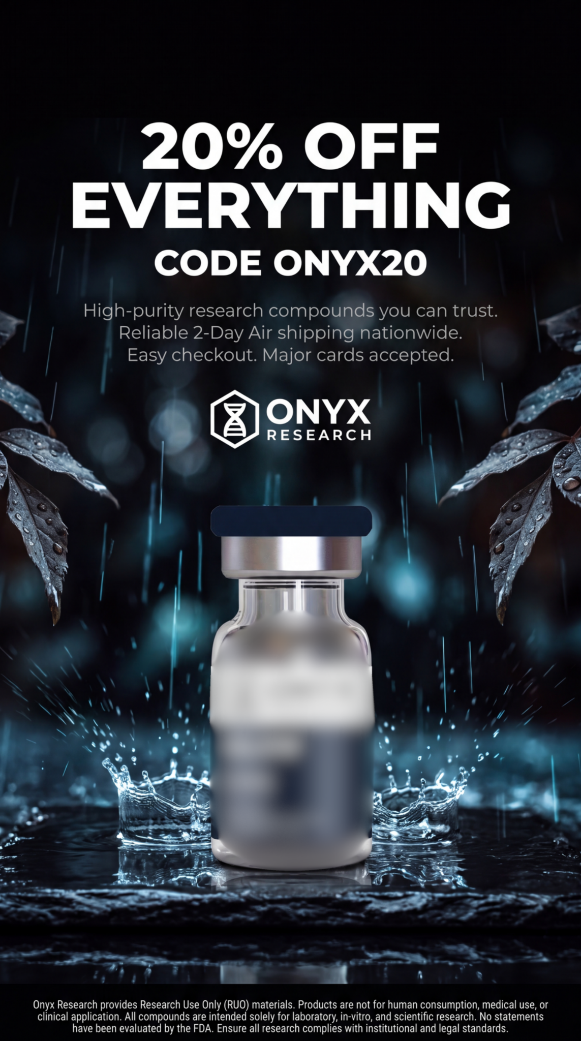 Onyx Research Lab Facebook ad: 20% Off Everything, ONYX20
