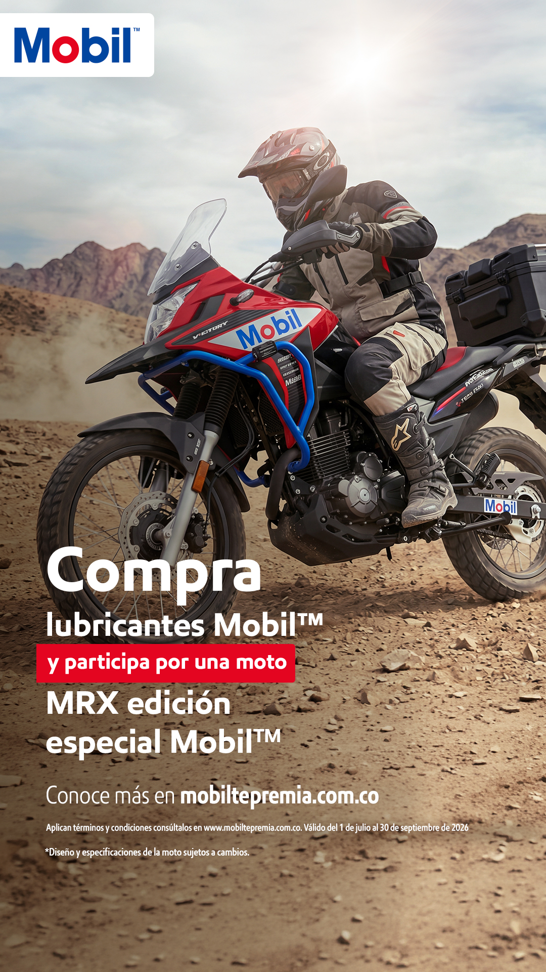 Mobil en Colombia Facebook ad: Gana* una moto con un cambio de aceite. Compra lubricantes…