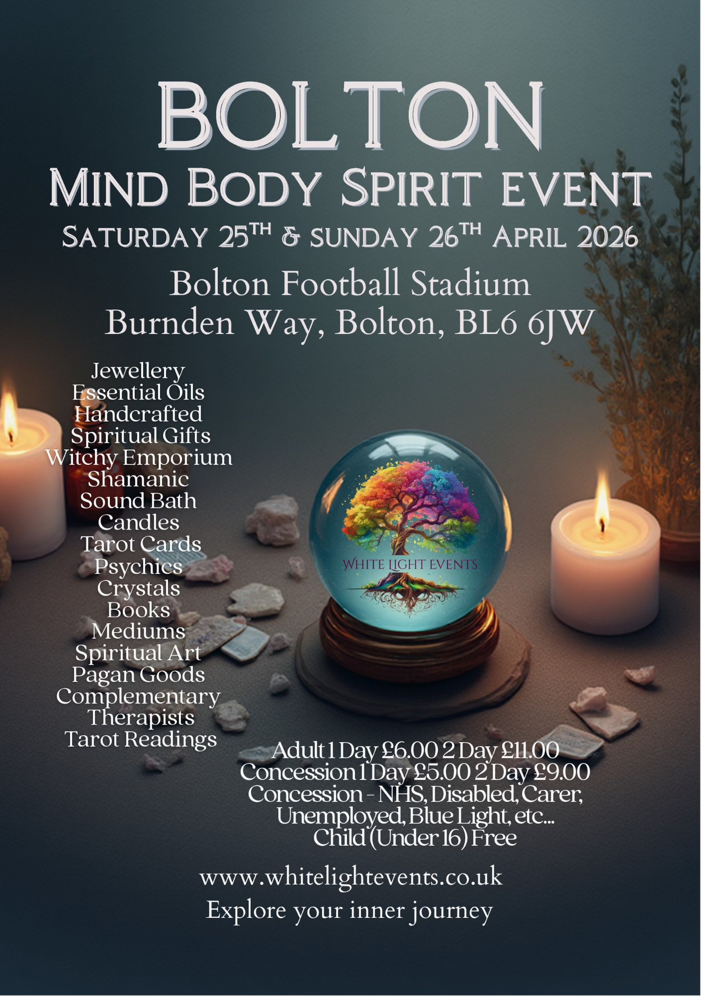 White Light Events Mind Body and Spirit Events Facebook ad: Discover an inspiring Talks Programme at the Bolton…