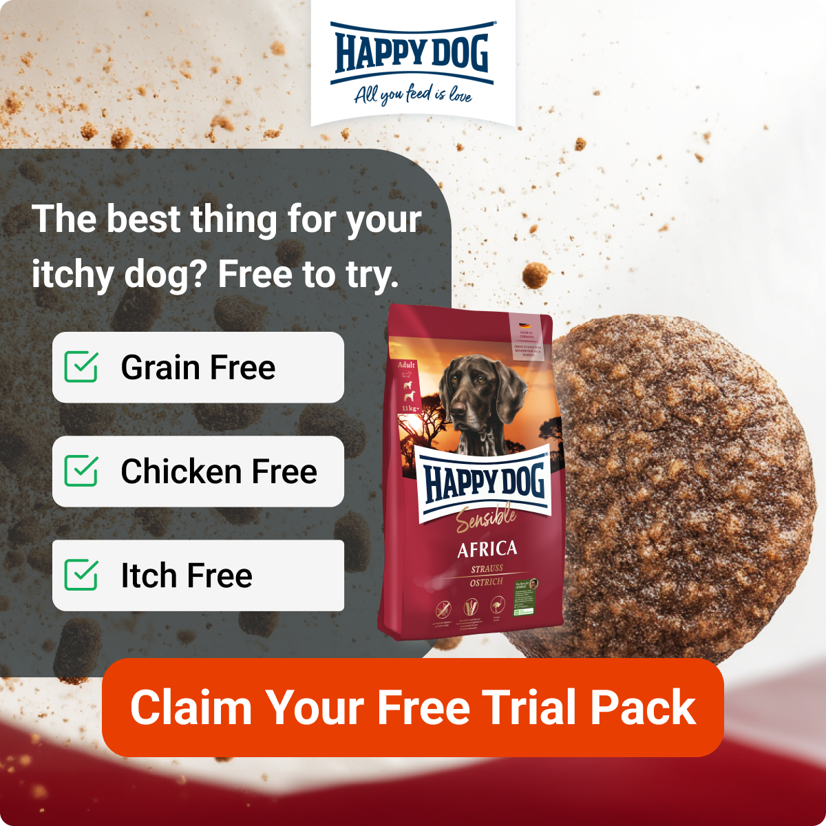Happy Dog UK Facebook ad: Claim Your Free Trial Relief