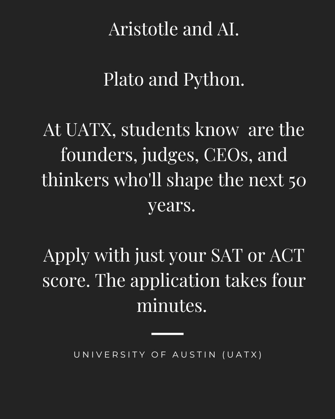 University of Austin Facebook ad: Merit-first admissions