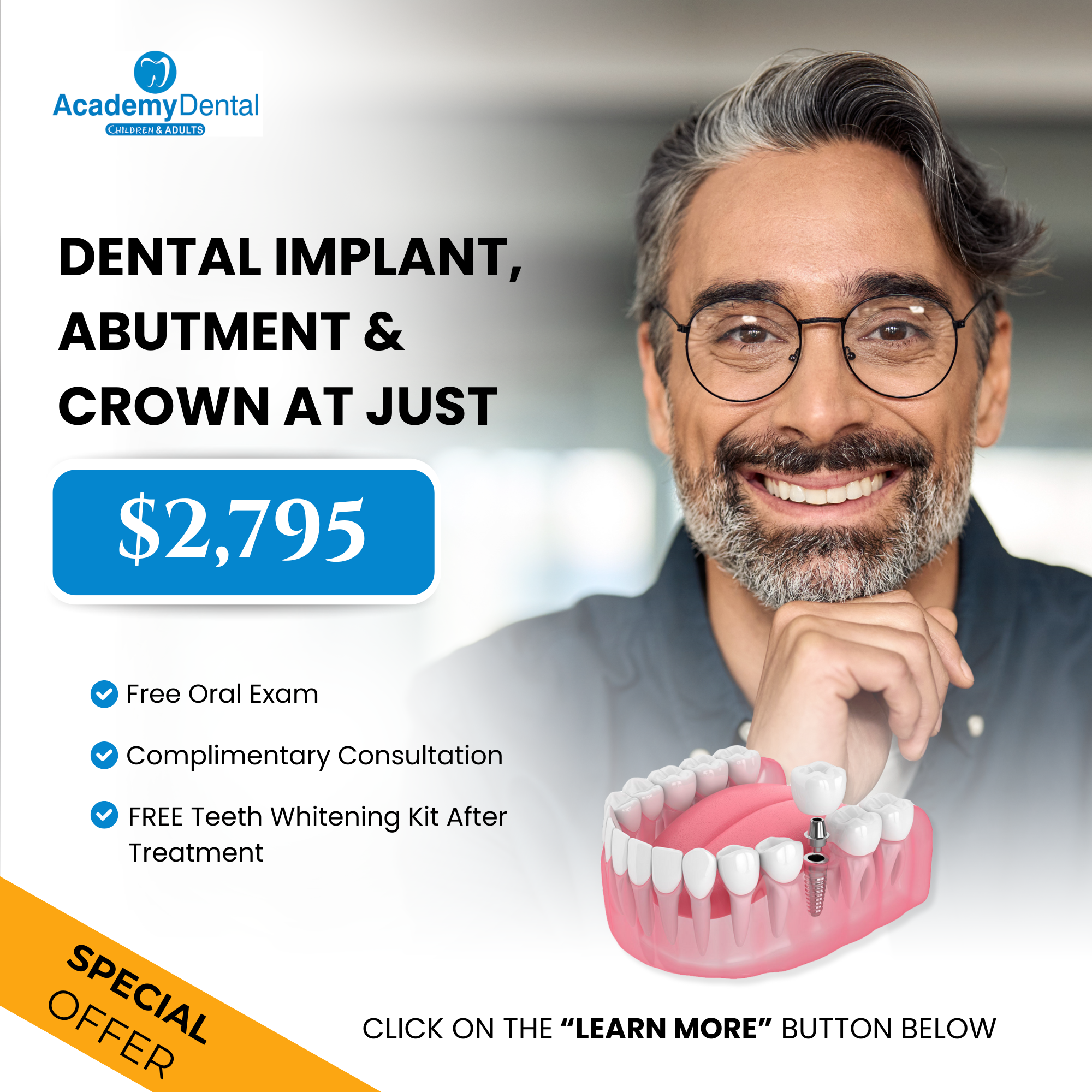 Academy Dental of Hamilton PA Facebook ad: Hey Hamilton! Dental Implant, Abutment and Crown at Just…