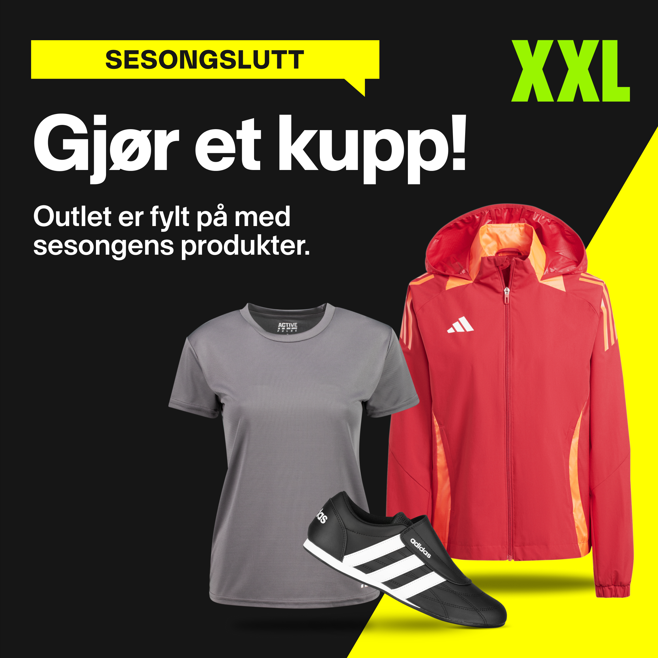 XXL Sport & Villmark Facebook ad: Nye varer, gode priser, Outlet er fylt opp igjen