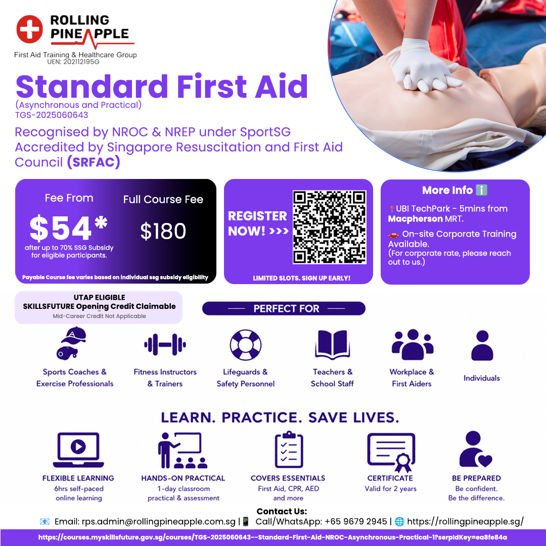 Rolling Pineapple - First Aid Training and Ambulance Services Facebook ad: SRFAC Accredited First Aid Course, NROC & NREP Recognised
