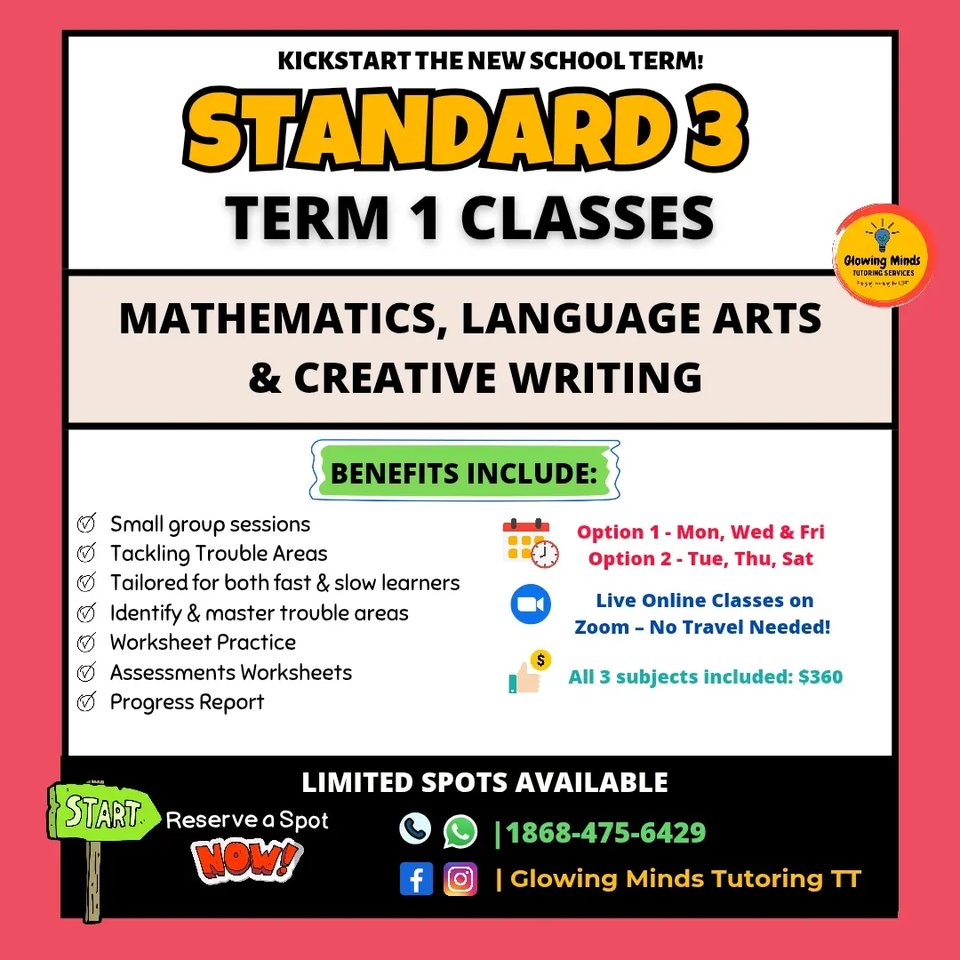 Glowing Minds Tutoring Services TT Facebook ad: Standard 3 Term 1 Classes