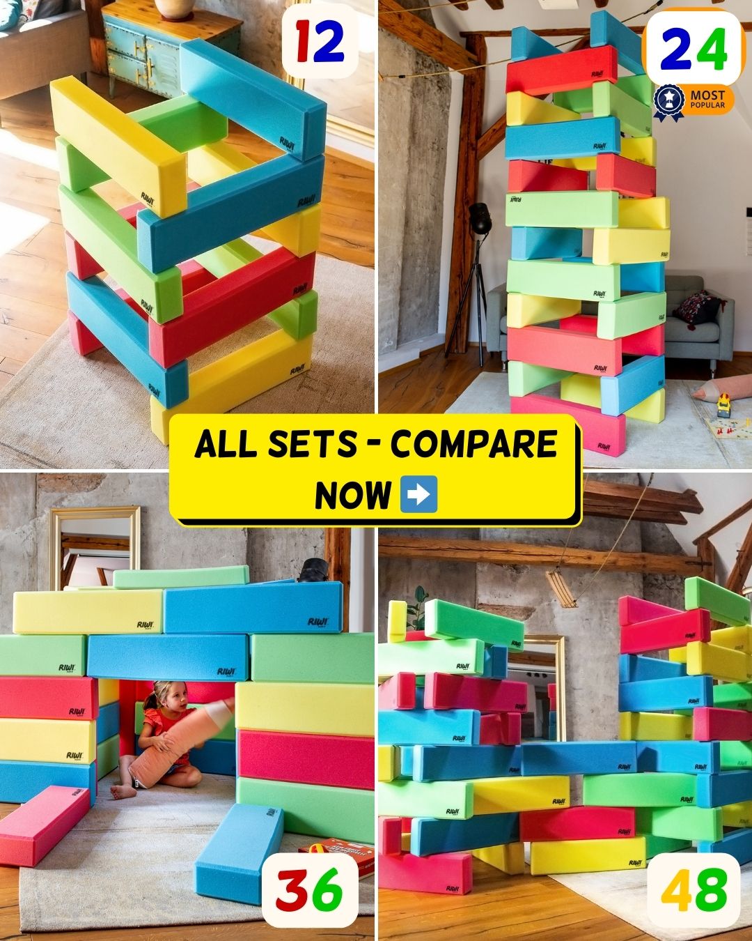 RIWI buildit Facebook ad: 12, 24, 36 or 48 foam building blocks…