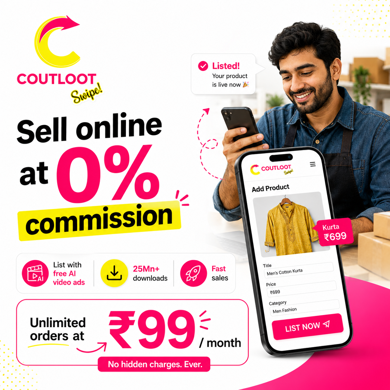 CoutLoot Online App Facebook ad: Sell with 0% Commission