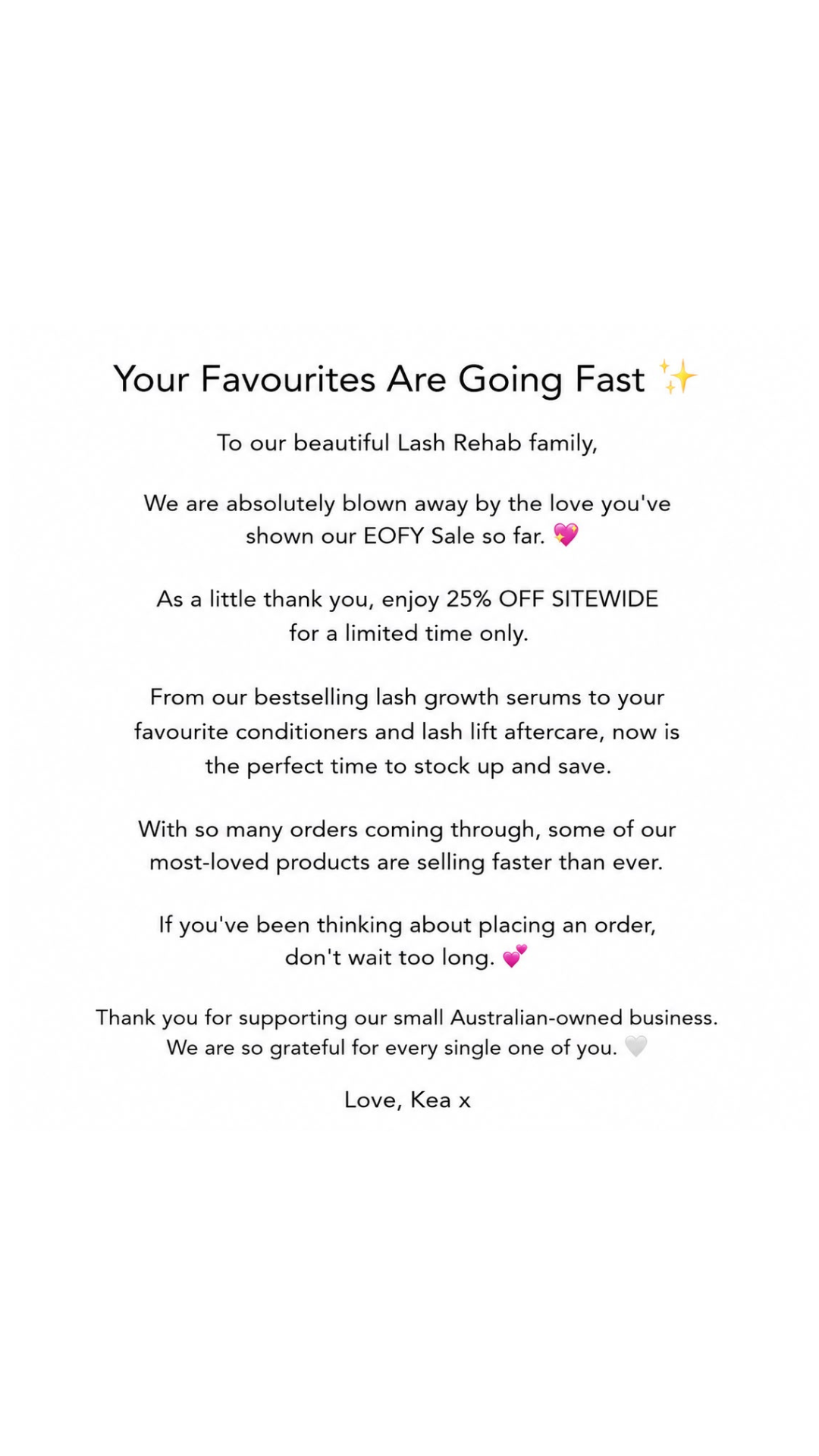 The Lash Rehab Facebook ad: 25% OFF EVERYTHING!