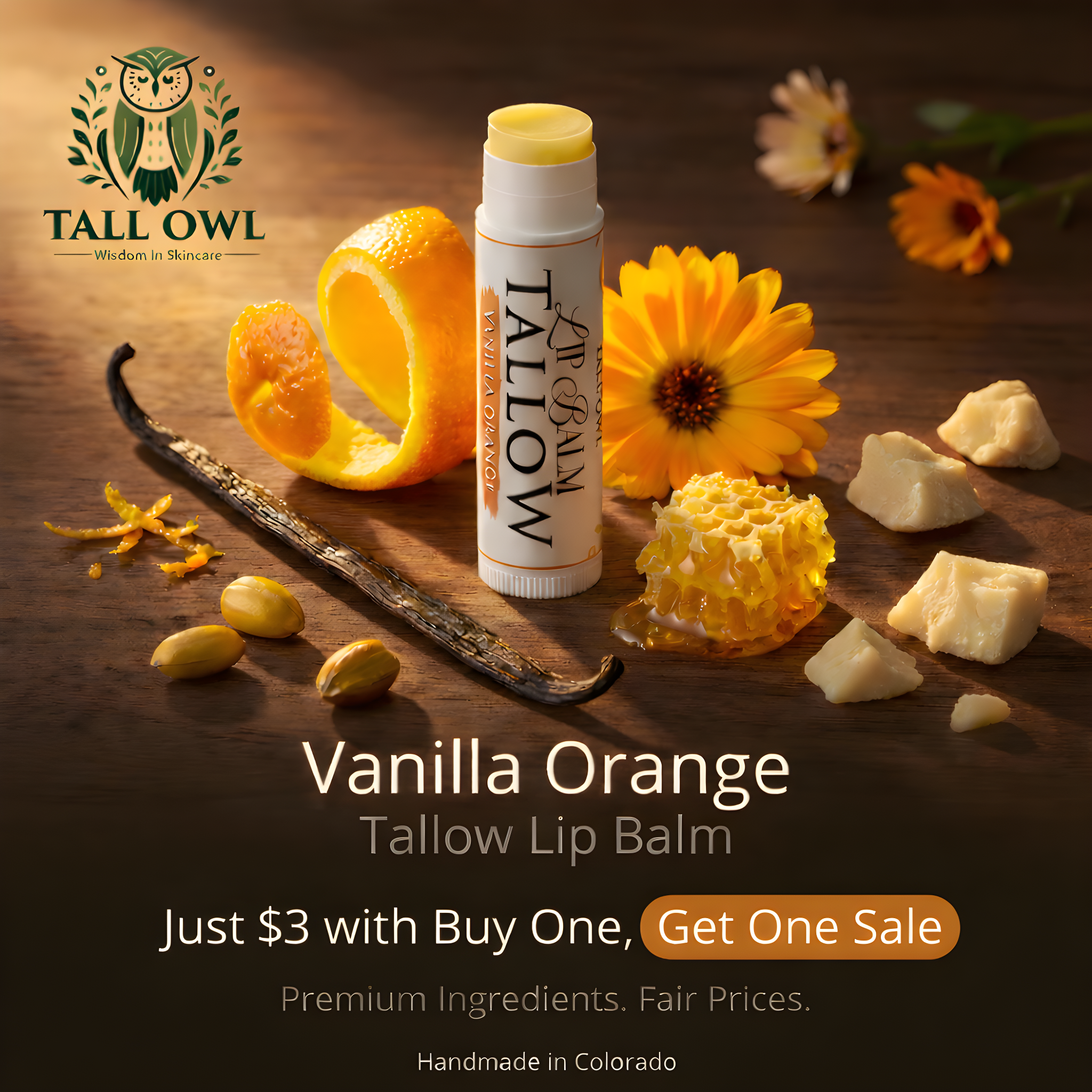 Tall Owl Skincare Facebook ad: $3 Each BOGO - Vanilla Orange Tallow Balm
