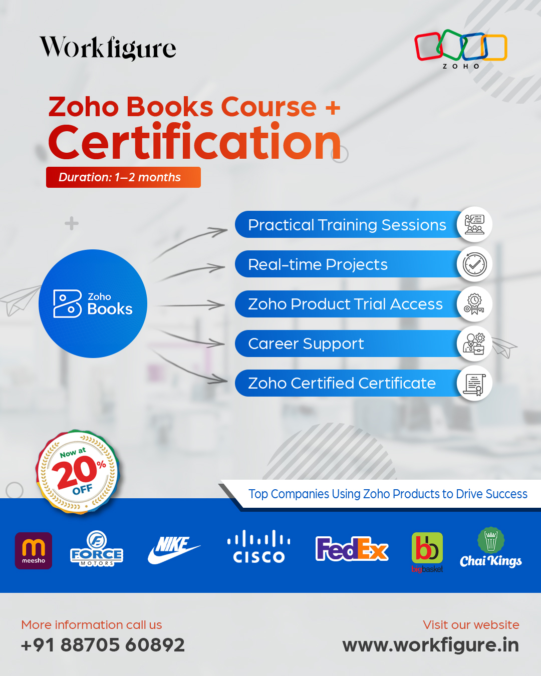 Workfigure Academy Facebook ad: Zoho Books Certification Course, 20% OFF