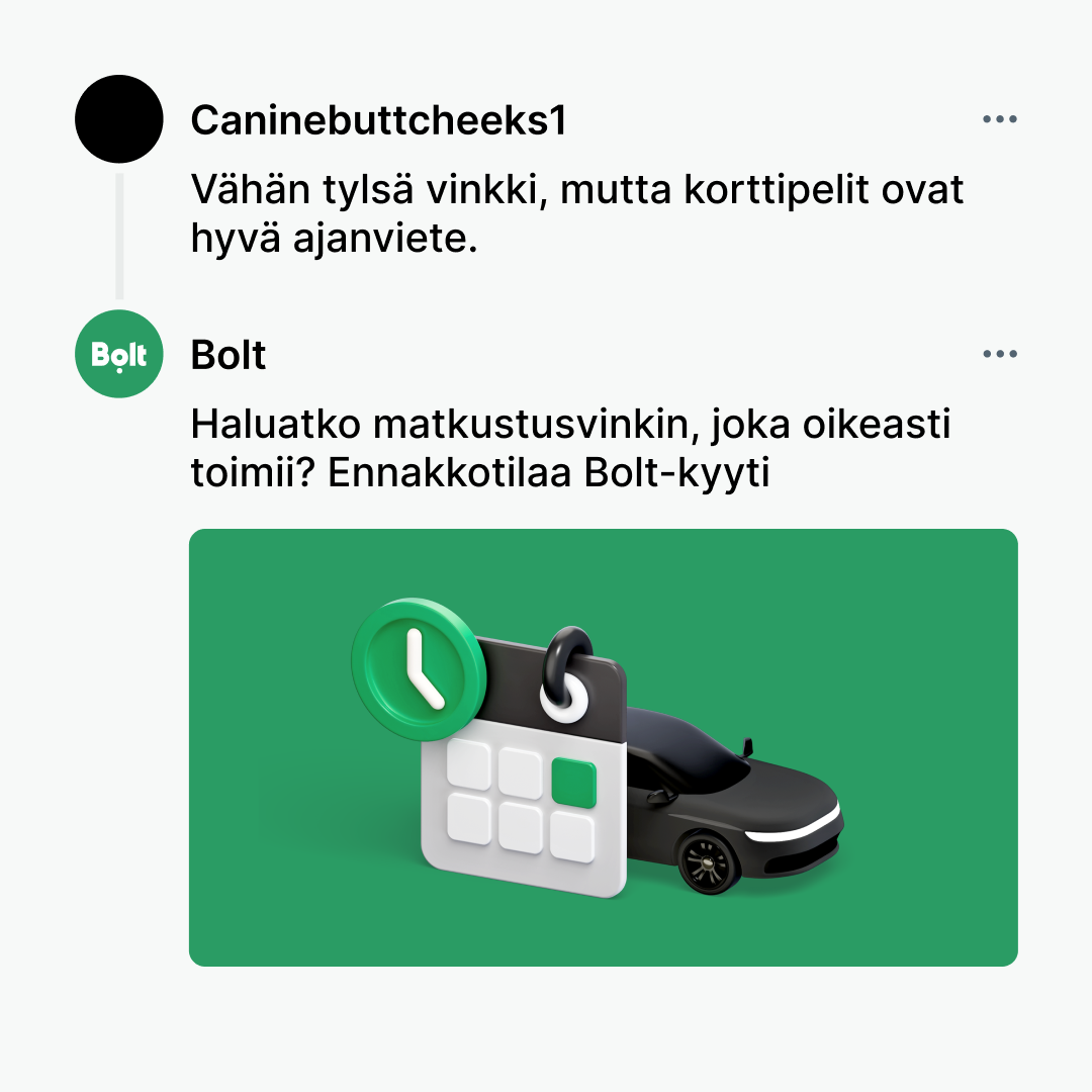 Bolt Facebook ad: Varmista hinta ja mielenrauha varaamalla Bolt-kyyti 90 vrk…