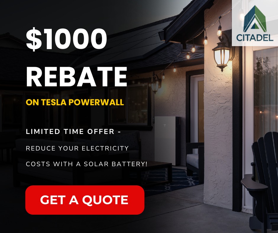 Citadel Roofing & Solar Facebook ad: Tesla’s Next million Powerwall Rebate: Save on Powerwalls…