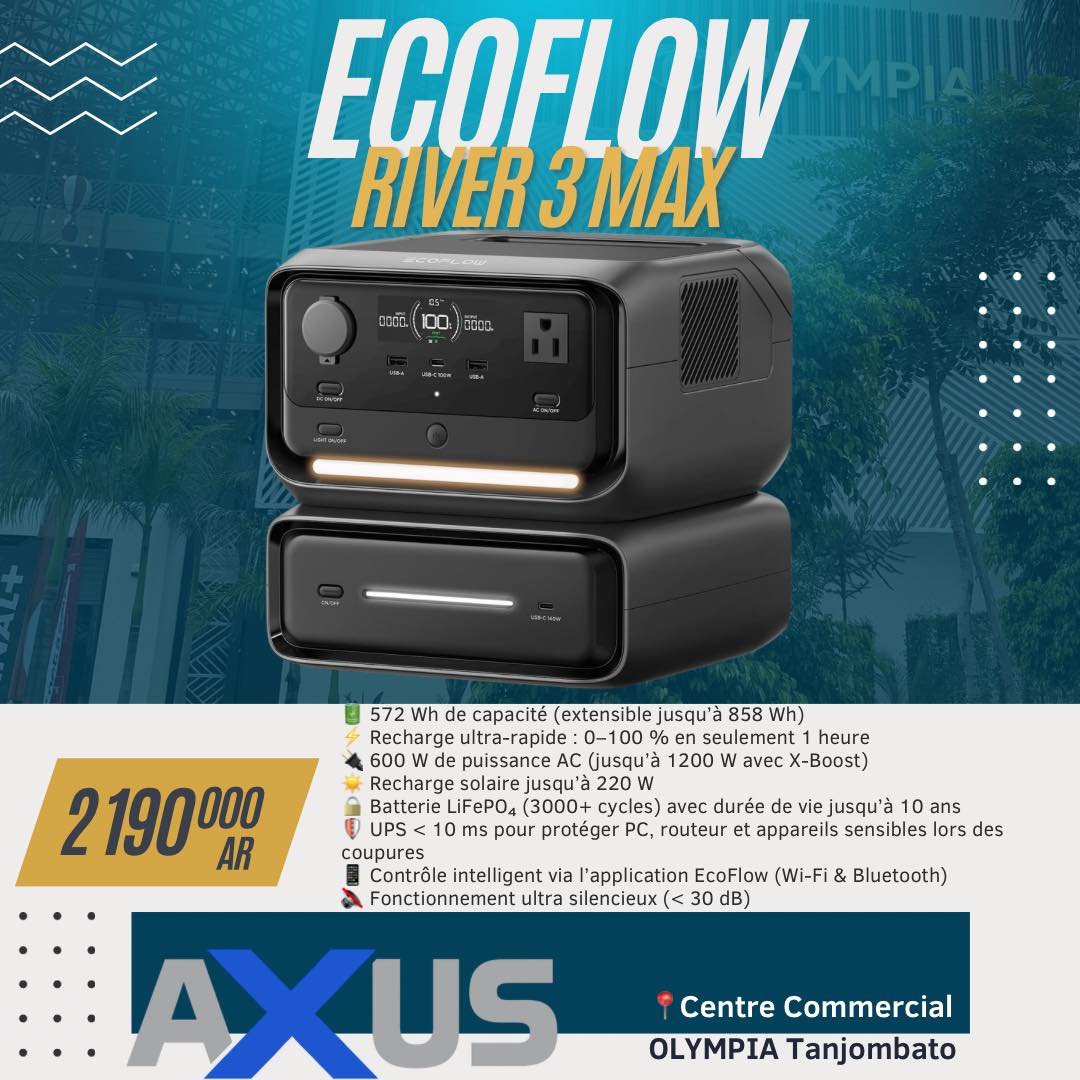 AXUS TECH Facebook ad: ECOFLOW, NE SOYEZ PLUS JAMAIS À COURT D’ÉNERGIE
