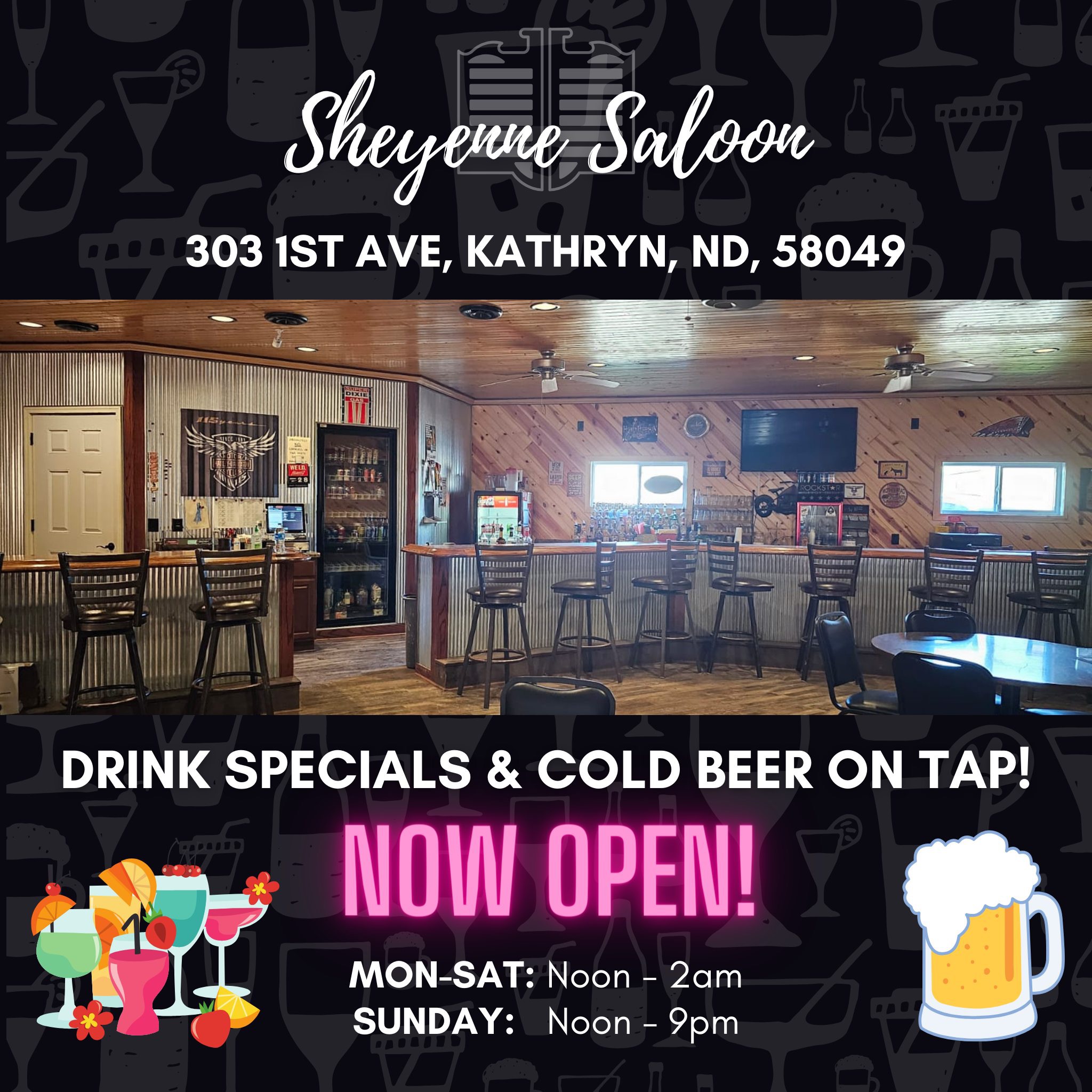 Sheyenne Saloon Kathryn ND Facebook ad: Serves Great Cocktails · Beers on Tap ·…