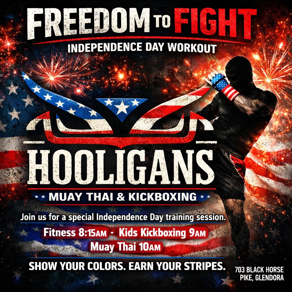 Hooligans Muay Thai & Kickboxing Facebook ad: 4th of July work out with the Hooligans!