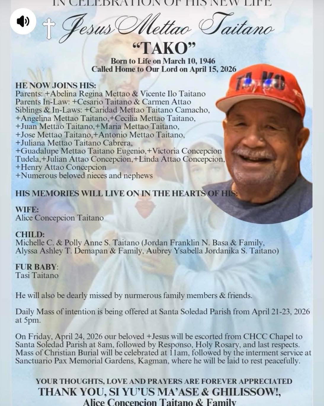ONRA Life Memorial Facebook ad: +Jesus Mettao Taitano, carried gently into God’s eternal…