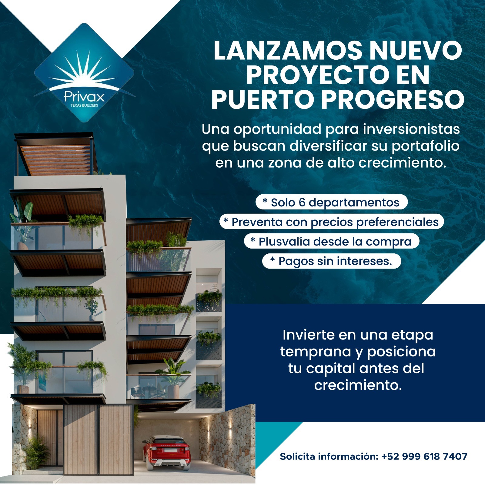 Privax Texas Builders Facebook ad: Conoce oportunidades de inversión.