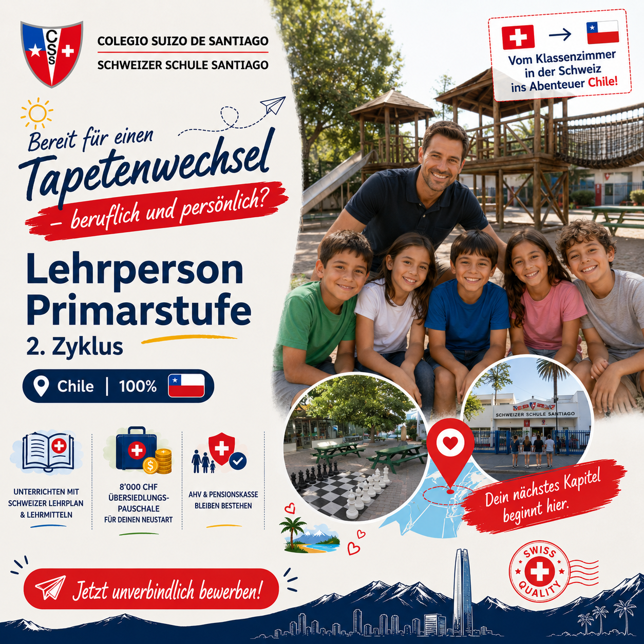 Karriere bei Colegio Suizo de Santiago / Schweizer Schule Santiago Facebook ad: Auswandern, ohne auf Schweizer Sicherheit zu verzichten