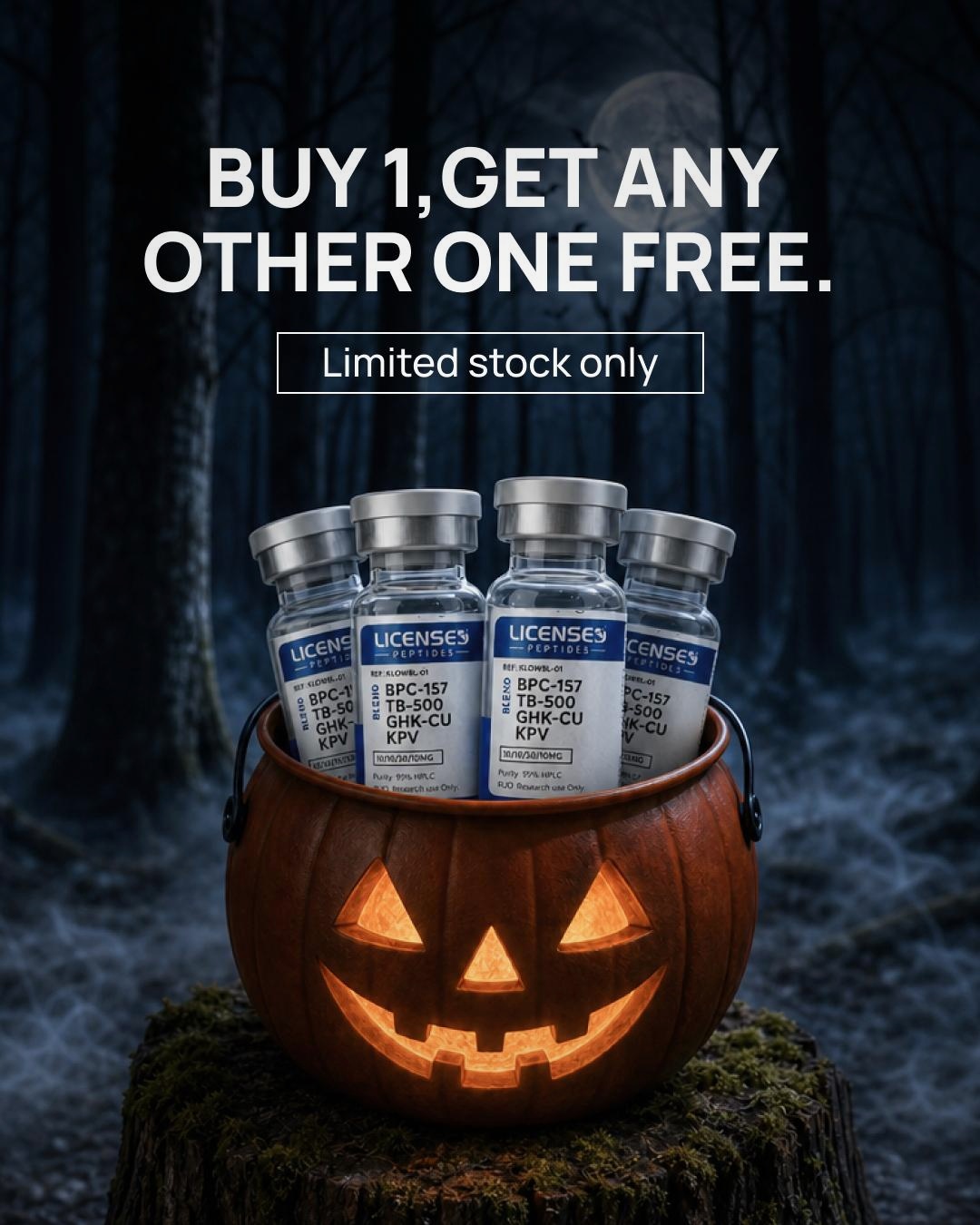 LicensedPeptides.com Facebook ad: 2 FOR 1, PICK ANY VIAL FREE