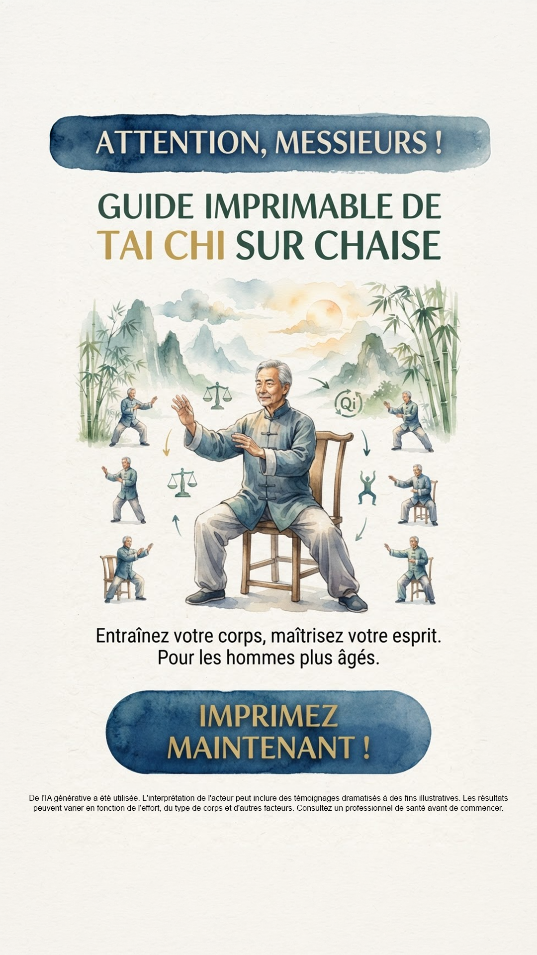 Muscle Charge Facebook ad: Chair Tai Chi pour les hommes à partir de 50 ans.