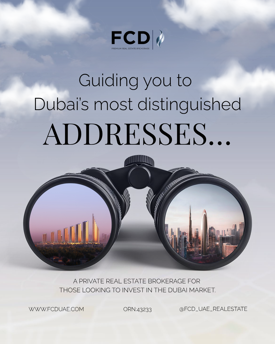 FCD Premium Real Estate Brokerage Facebook ad: Exclusive Dubai investments, thoughtfully curated.