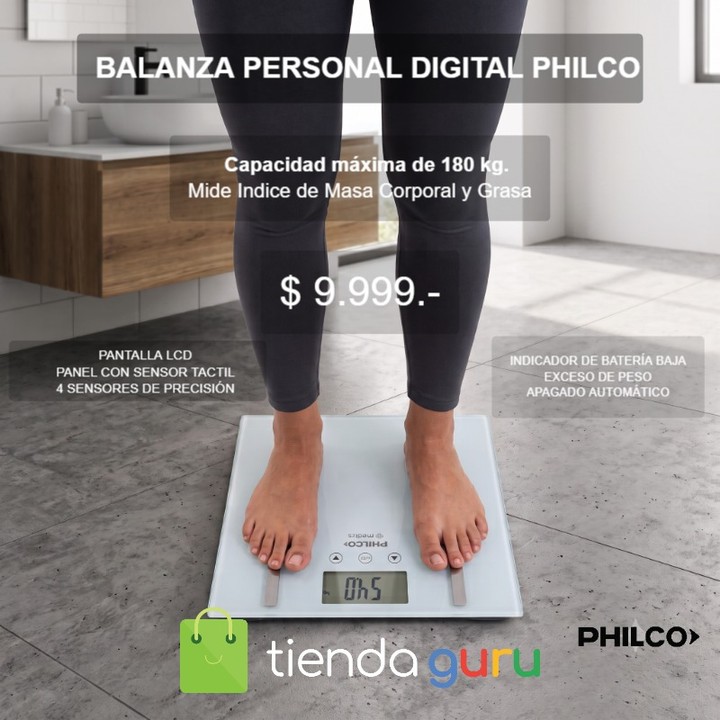 TiendaGuru.com Facebook ad: Balanza Personal PHILCO Digital Muscular Agua Bap2021pi