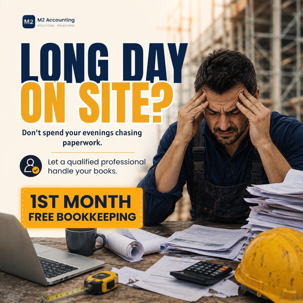 M2 Accounting Solutions Facebook ad: Stop Chasing Paperwork After Work