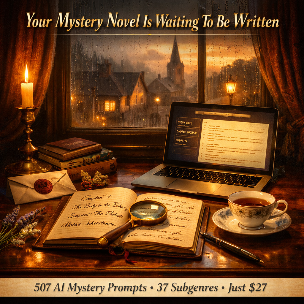 Cozy Mystery Empire Facebook ad: 507 AI Prompts That Write Complete Cozy Mystery Novels For…