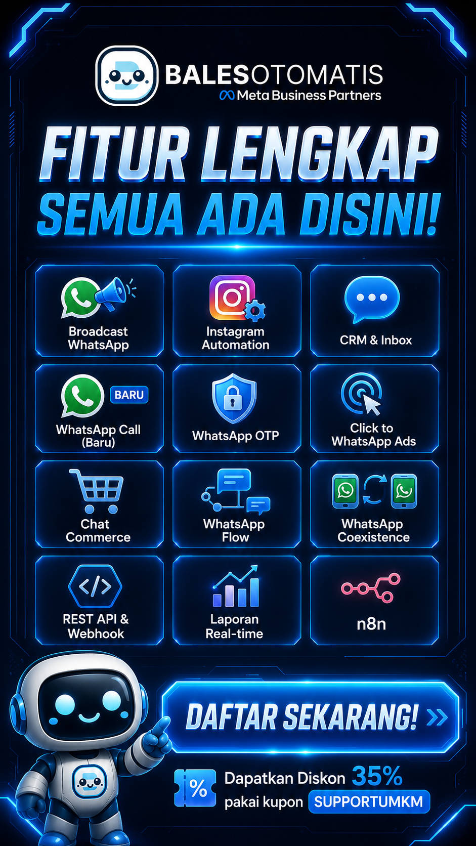 BalesOtomatis.id Facebook ad: WA + IG + CRM + Automation dalam 1 platform.