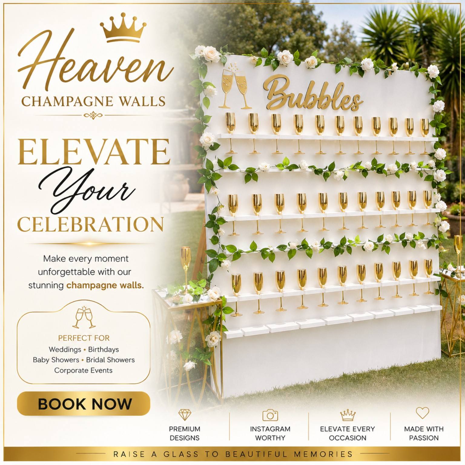 Backdrop Decor Heaven Facebook ad: CHAMPAGNE WALL BACKDROP RENTAL….P499.(Wall only)