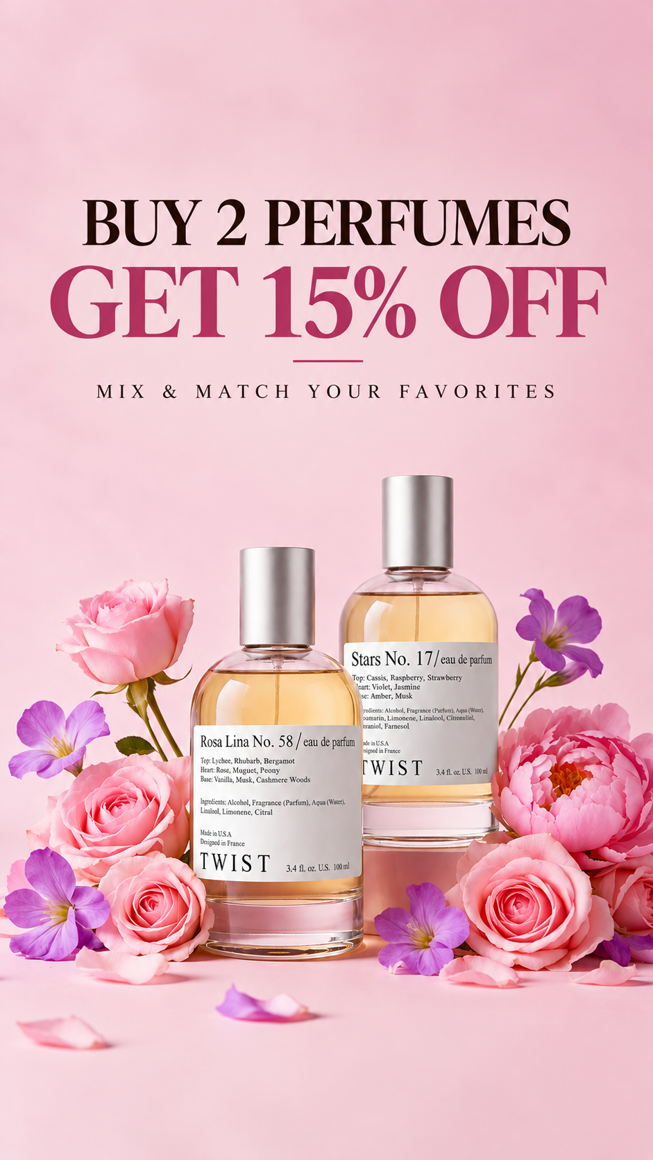 Twist Perfumes Facebook ad: Buy 2 Perfumes, Get 15% Off