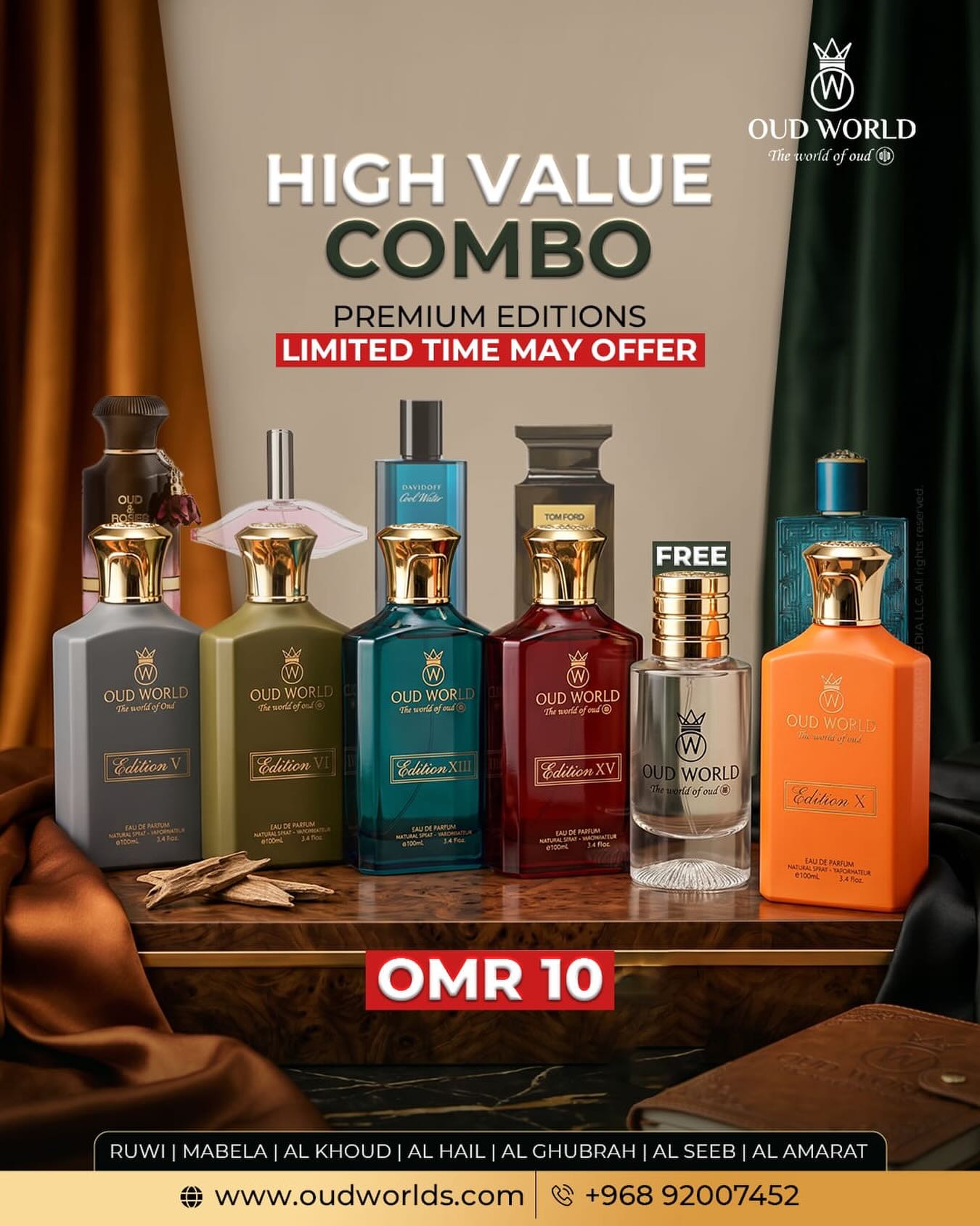 OUD WORLD OMAN Facebook ad: 5 OMR worth premium perfumes…