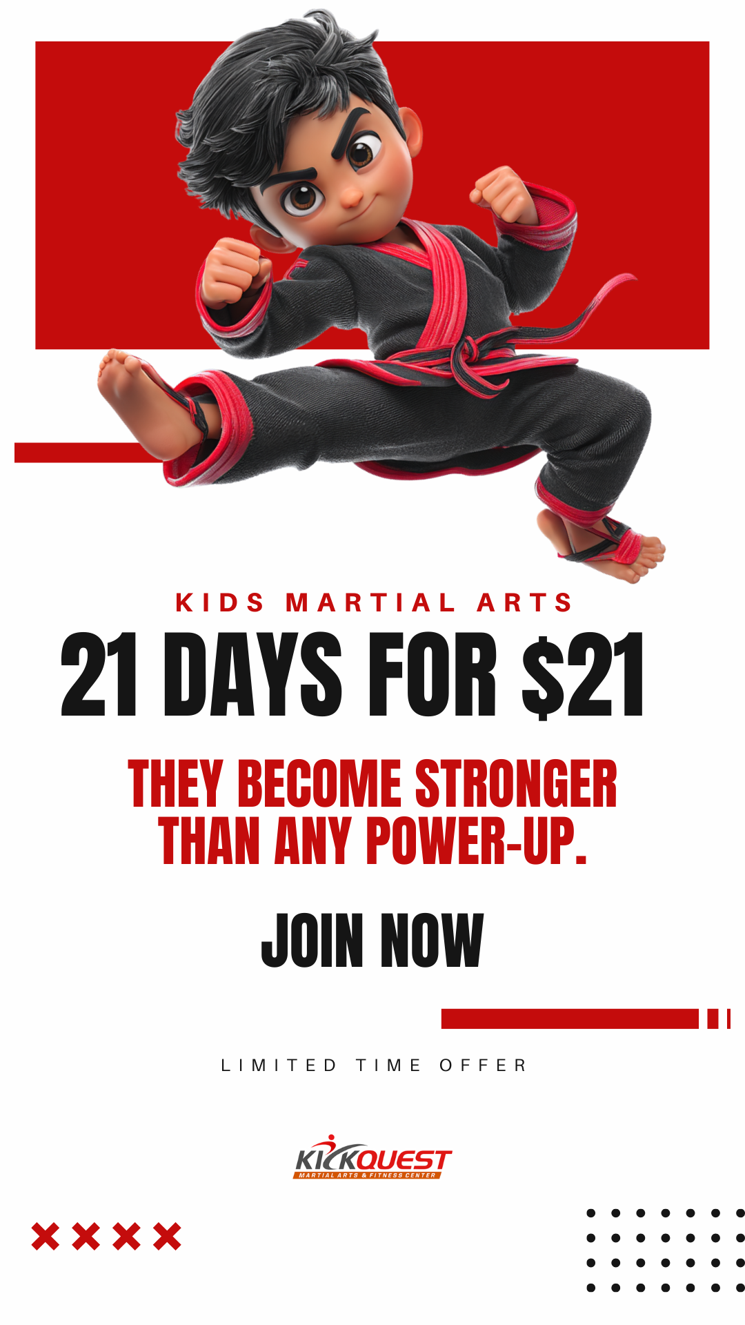 KickQuest Martial Arts & Fitness Facebook ad from Feb 18, 2026