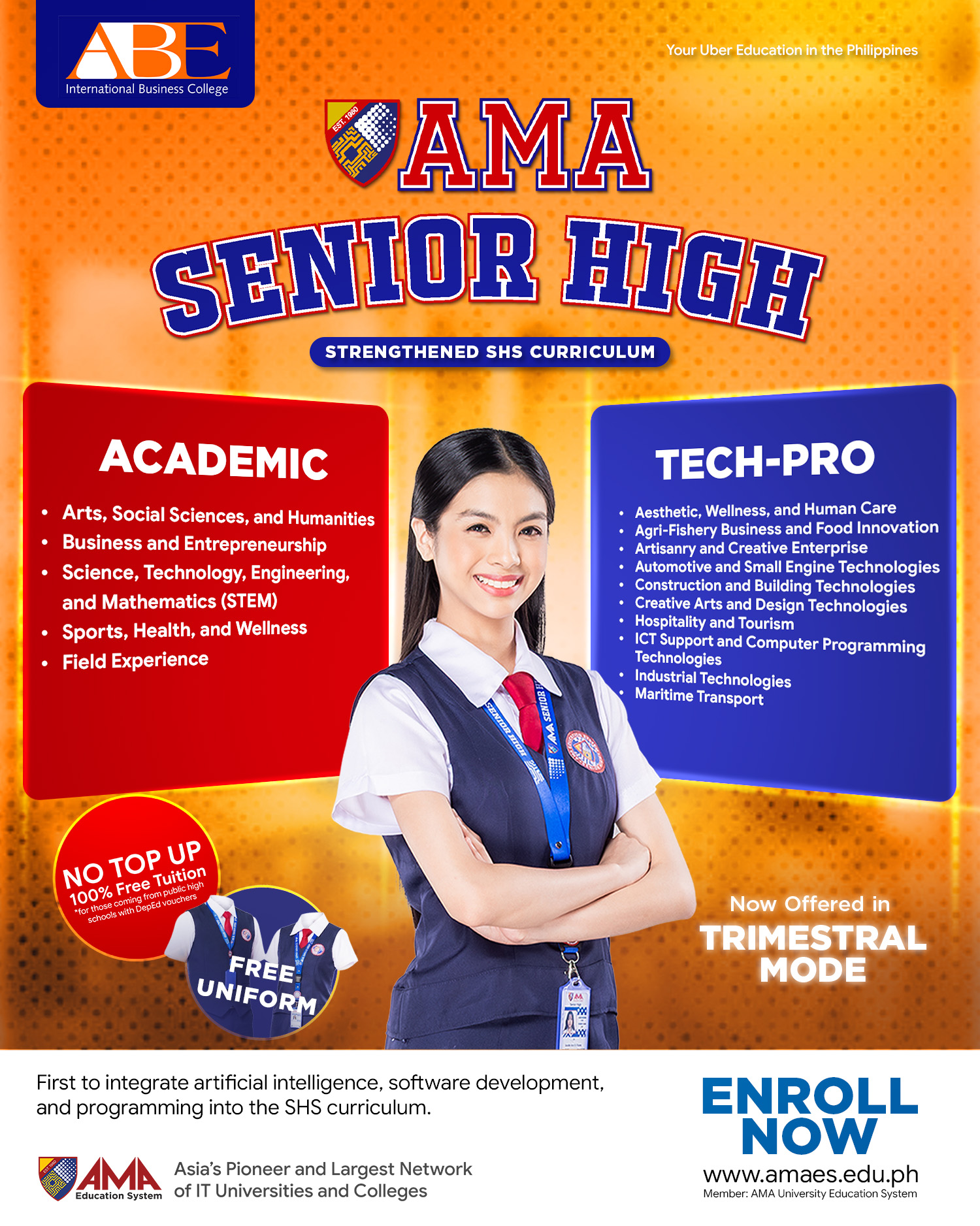 ABE International Business College Facebook ad: Lead with Knowledge or Build with Skills-Choose Your Cluster