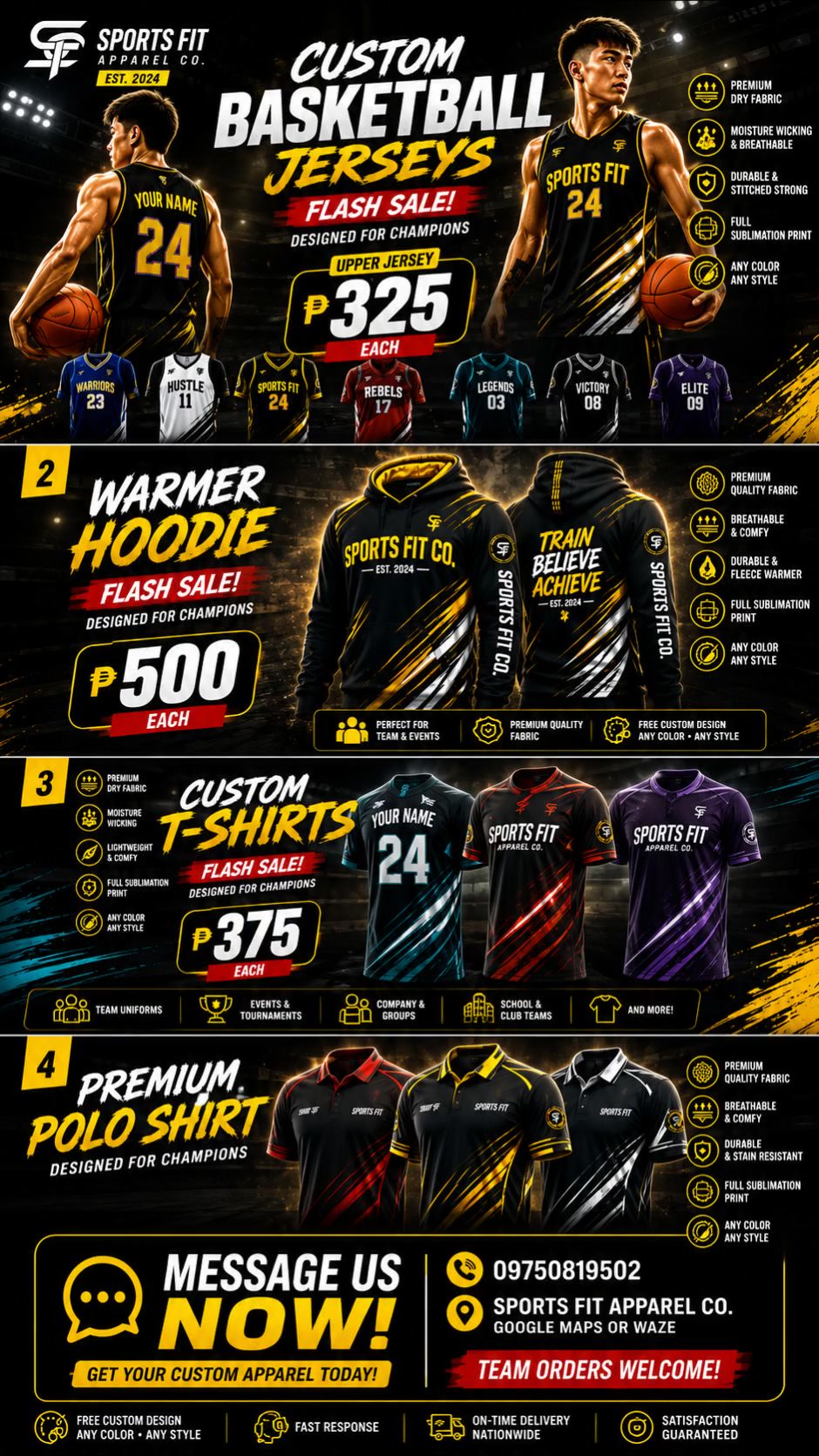 Sports Fit Co. Facebook ad: CUSTOM SUBLIMATION JERSEY, ₱325 ONLY! MESSAGE US NOW &…