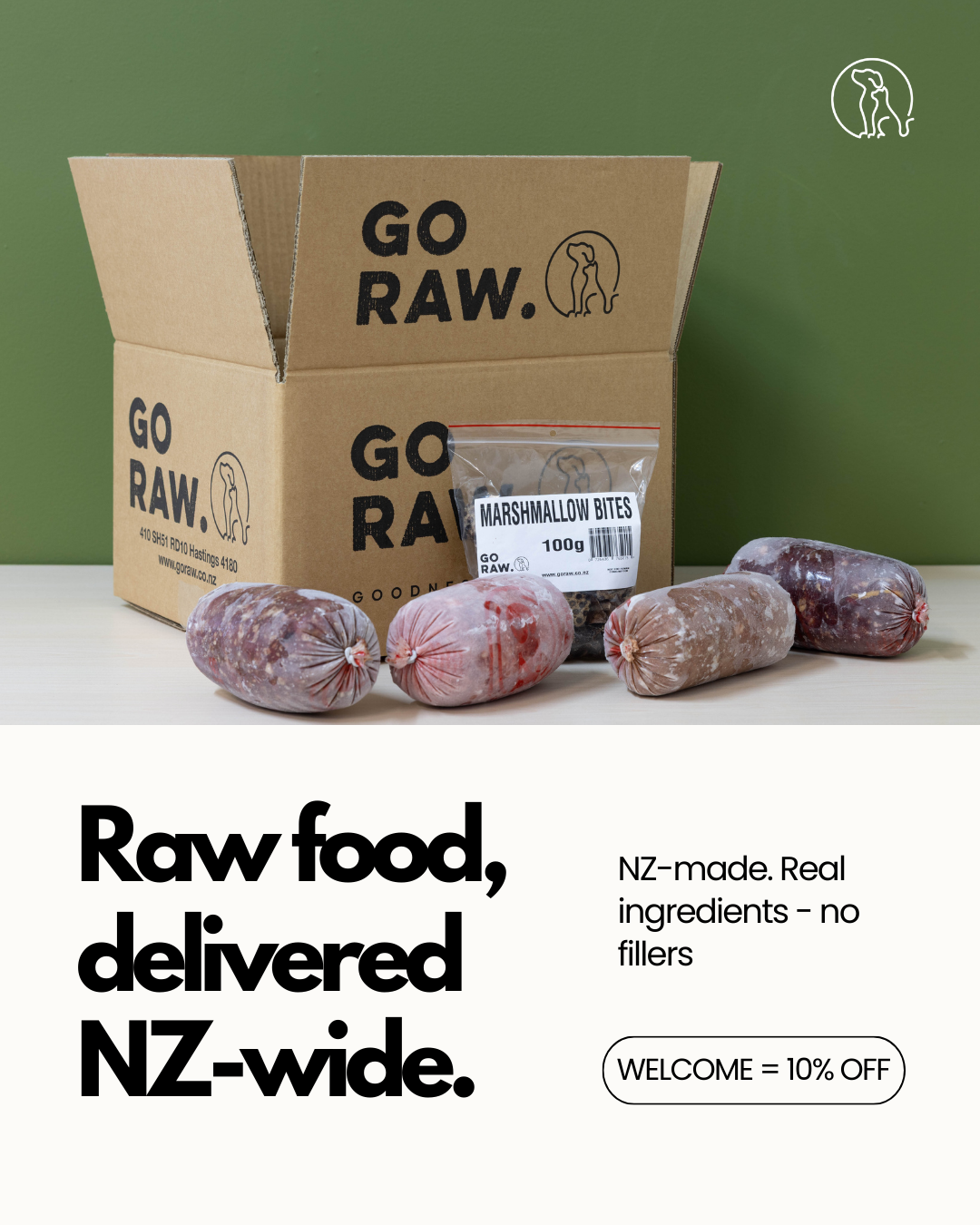 Go Raw Pet Food NZ Facebook ad: Real food for pets who are family.
