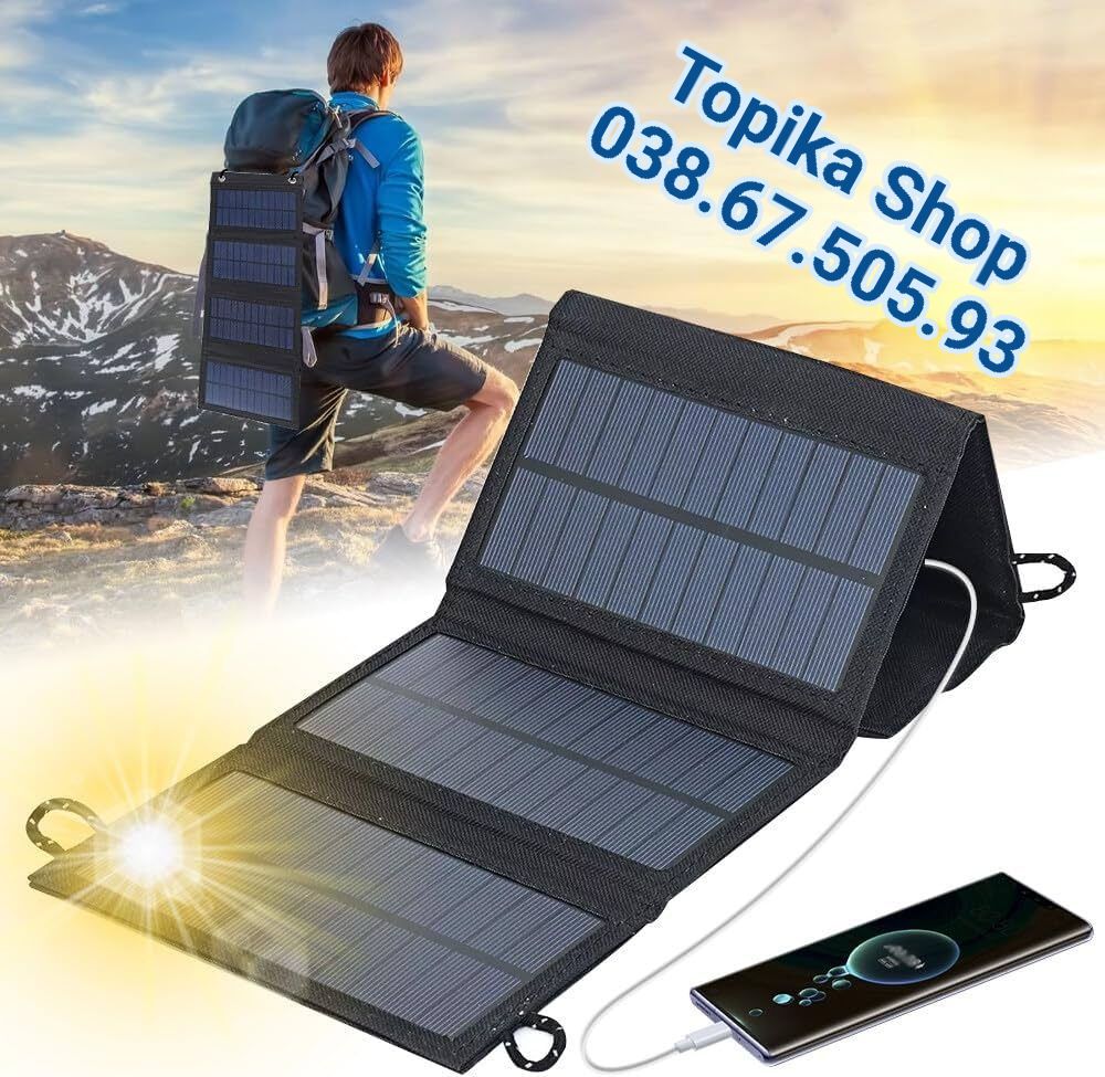 Topika Shop Facebook ad: Panneau Solaire Portable, Rechargez vos appareils partout!
