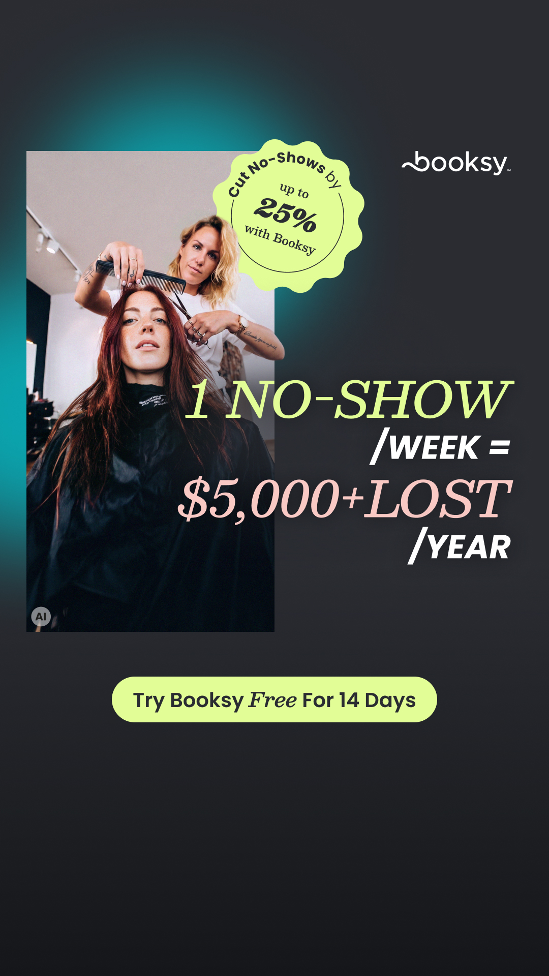 Booksy Facebook ad: Try Booksy FREE for 14 days. No credit card or commitment…
