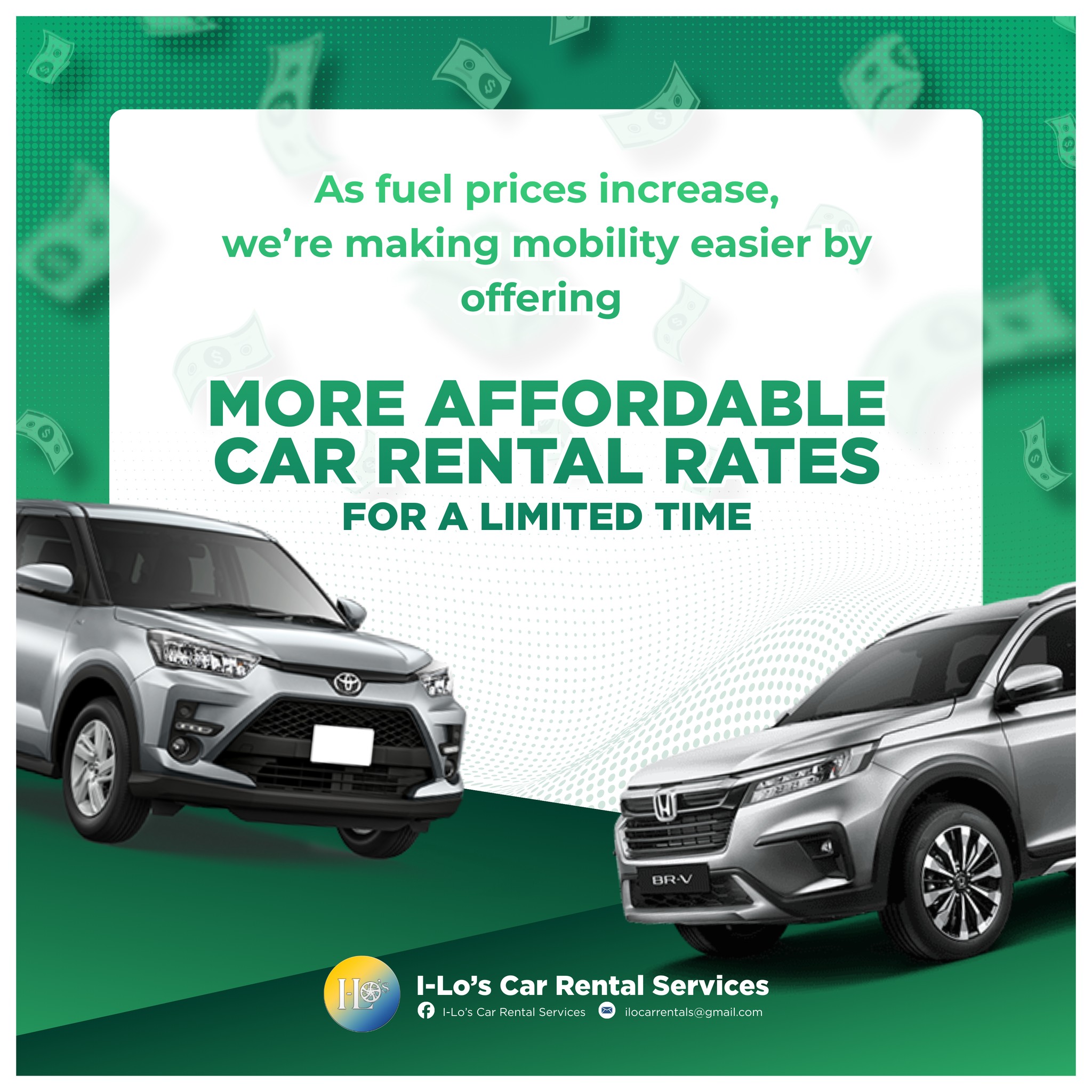 I-LO's Car Rental Services Facebook ad: Don't let rising fuel prices stop your plans.