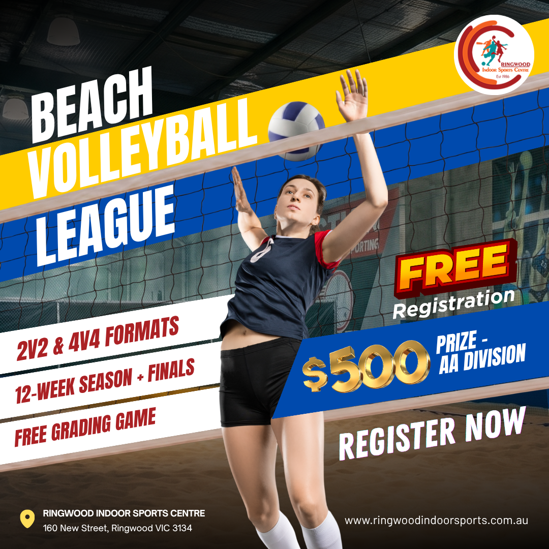 Ringwood Indoor Sports Facebook ad: Compete. Sweat. Win $500 on the Sand