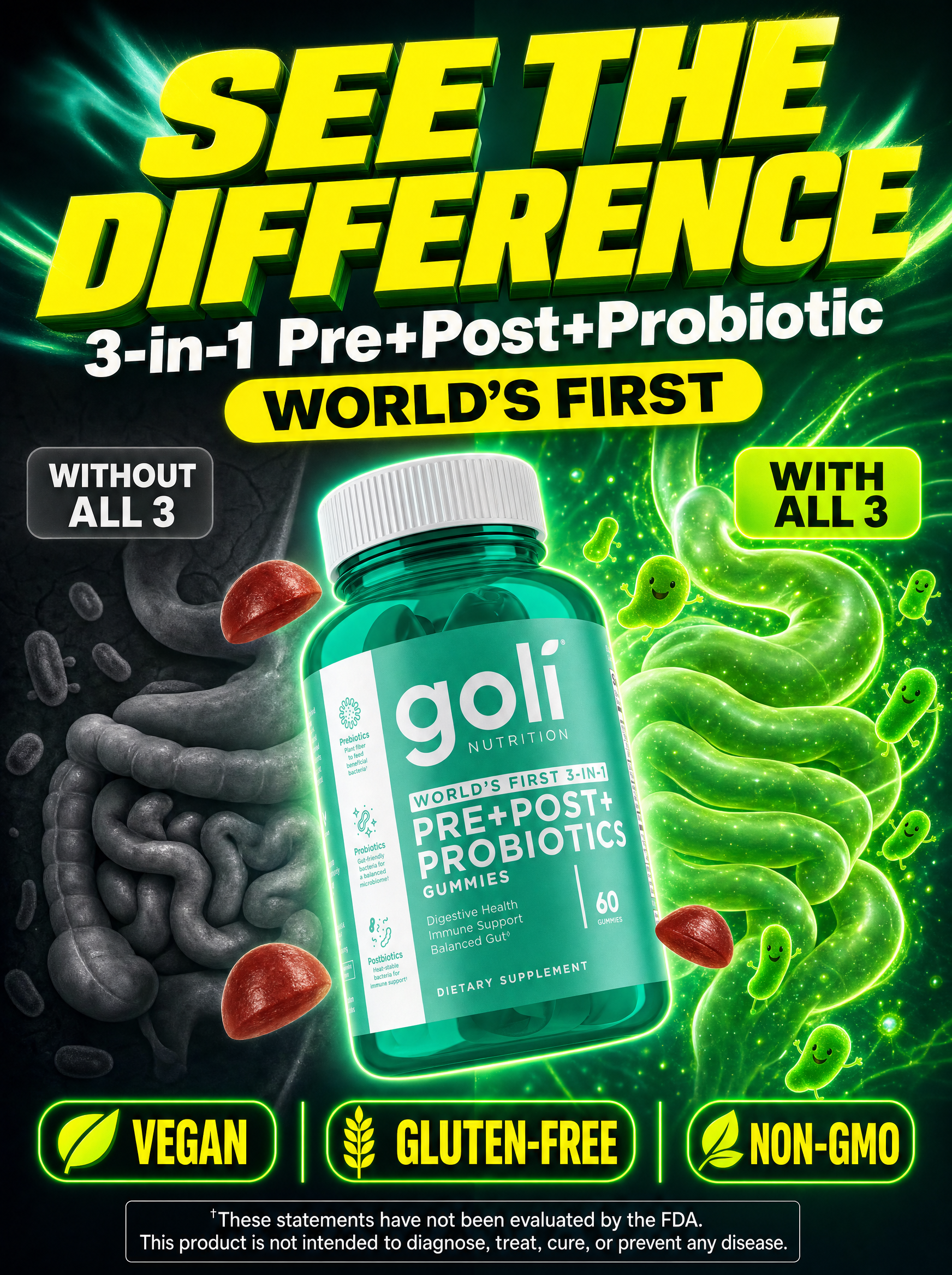 Goli Facebook ad: Three Biotics. One Gummy. World's First.