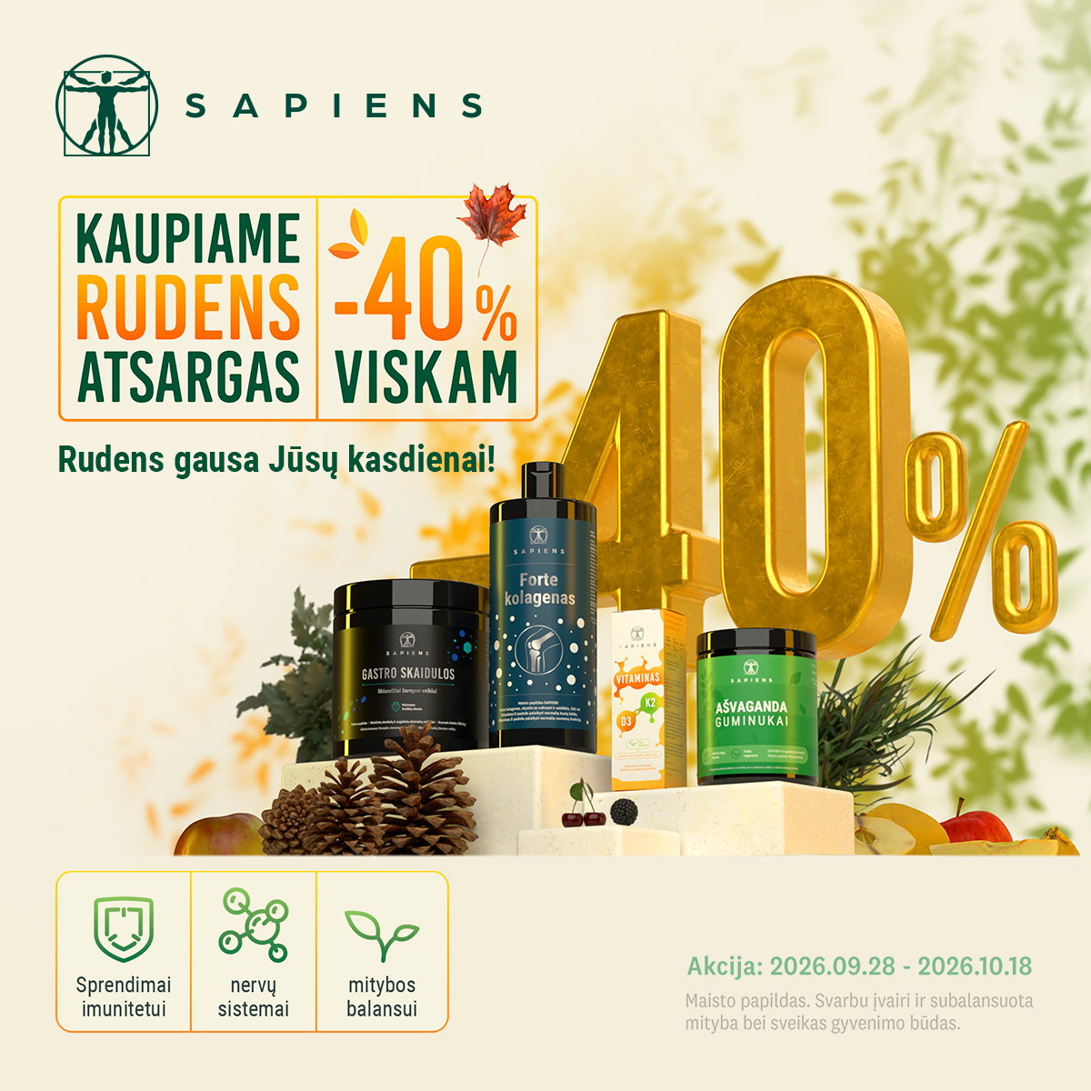 Sapiens Facebook ad: -40% NUOLAIDA VISKAM!