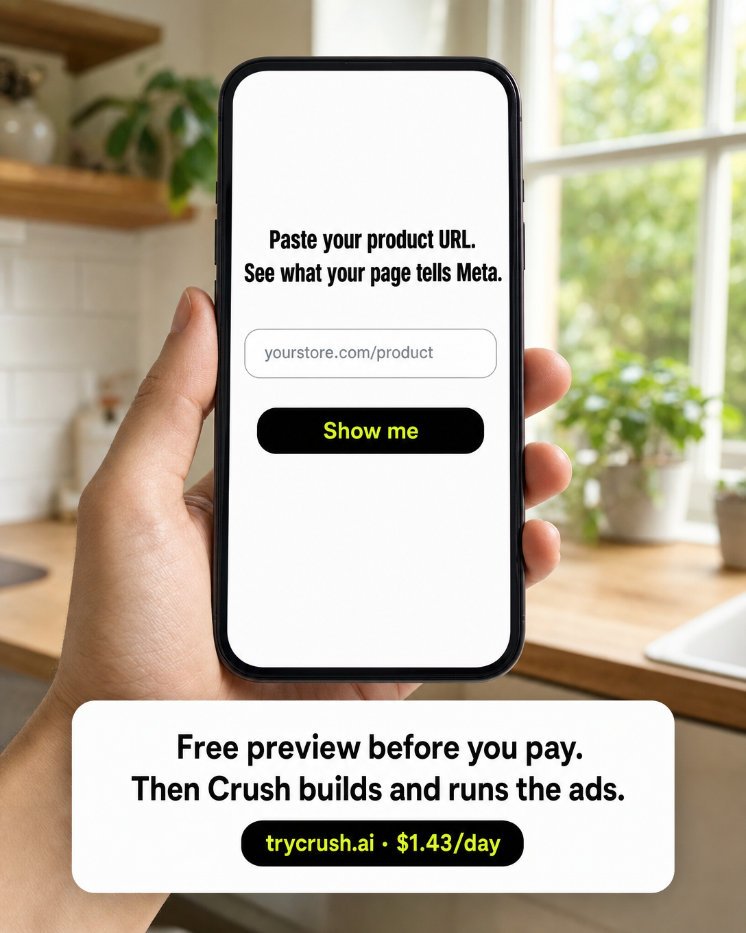 trycrush.ai Facebook ad: What your page tells Meta. Free preview.