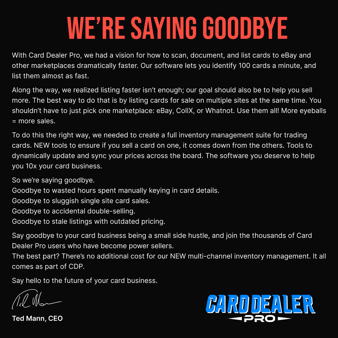 Card Dealer Pro Facebook ad: We're saying goodbye.