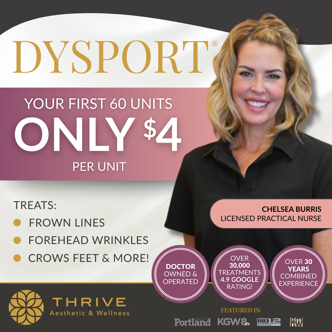 Thrive Aesthetic & Wellness Facebook ad: Get Your First 60 units of Dysport for ONLY $4/unit!