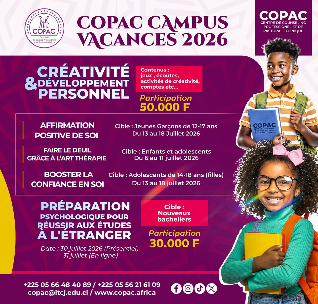 COPAC-Soutien Psychologique en Afrique Facebook ad: Offrez à vos enfants et adolescents des vacances…